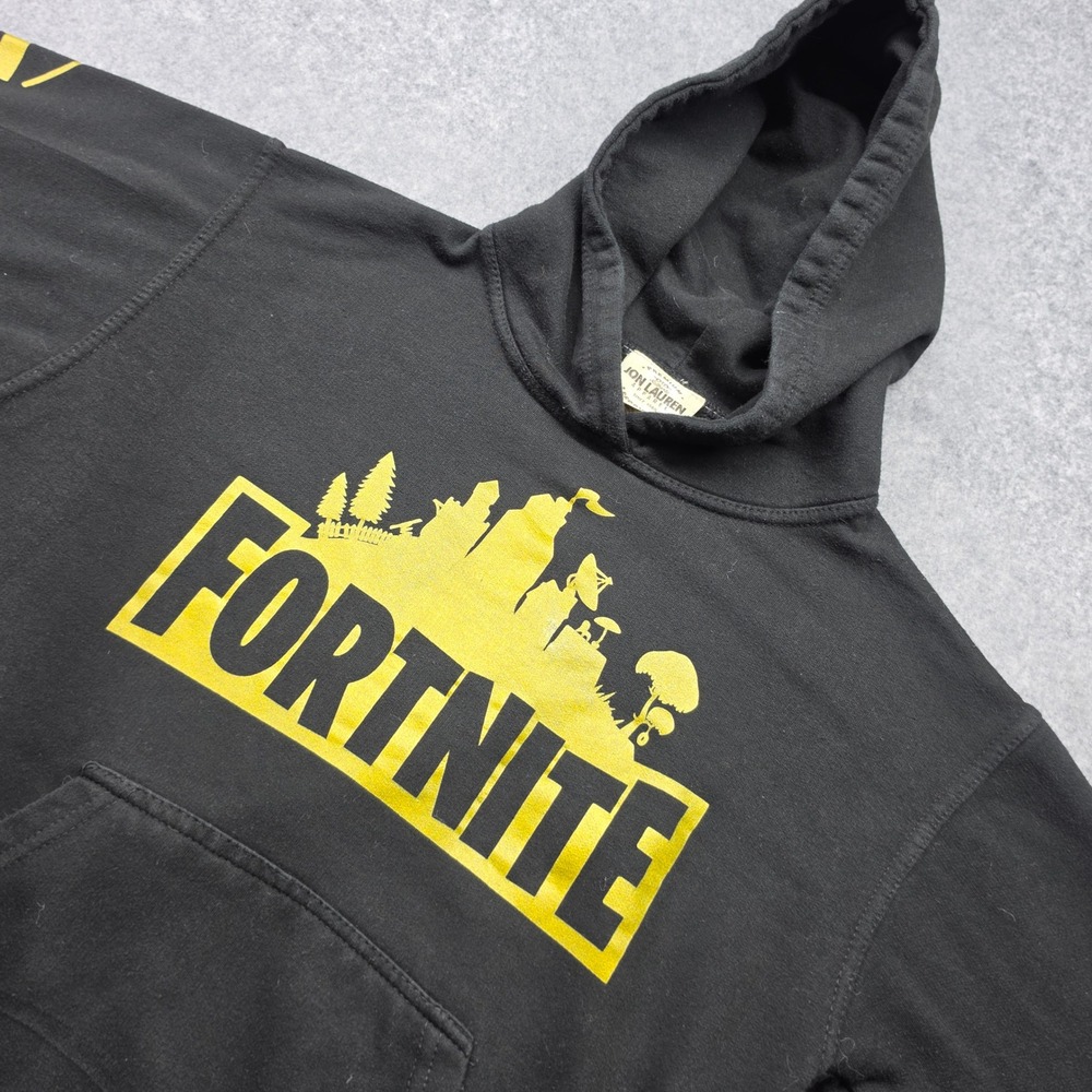 Fortnite Graphic Hoodie Mens Small Black Yellow Logo Pullover Sweatshirt